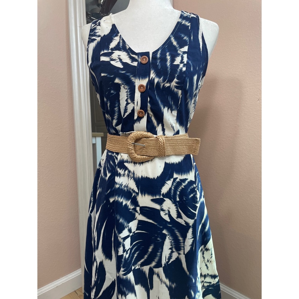 Fred David Blue White Tropical Print Midi Dress Belted Sleeveless Size Small